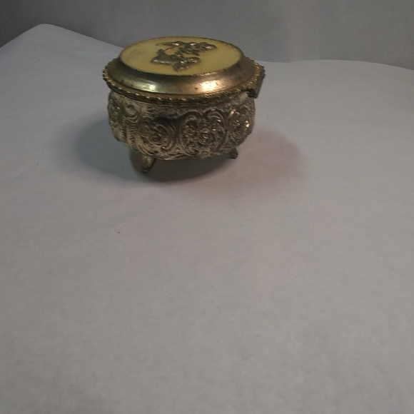 Vtge Japan Silver Metal Box Footed Trinket Jewelry Catcher W/Cherub Angel - Picture 5 of 9